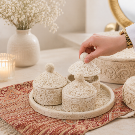 طقم جاط مدور + 3 مضايف ديكور بوهيمي منقش HT6938