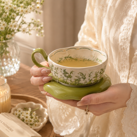 ماج فنجان شاي مزخرف بالورود مع صحن أخضر 1-7