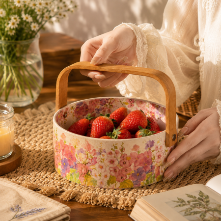 سلة فواكه سيراميك مزخرفة بالورود مع يد خشبية – طابع Cottagecore 1-5