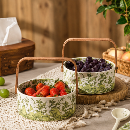 سلة فواكه سيراميك مزخرفة بالورود مع يد خشبية – طابع Cottagecore 1-4