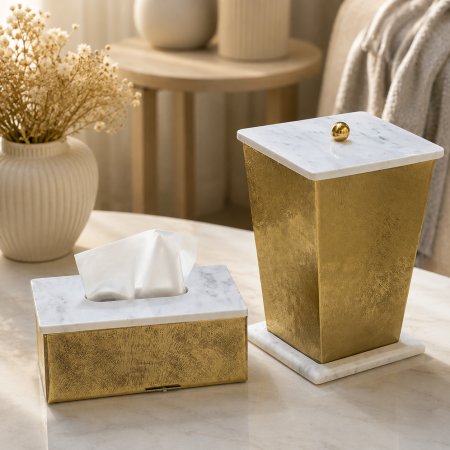 طقم سلة مع علبة محارم نحاس ورخام هندي – D125 / D124