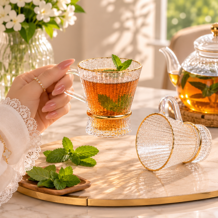 طقم 6 كاسات شاي زجاج مزخرف بحواف ذهبية KR26-39-9