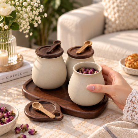 طقم سكريات سيراميك 3 قطع مع قاعدة خشبية – D159-14