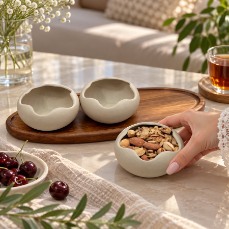 طقم 3 صحون مكسرات سيراميك بيج مع صينية خشب – D159-16