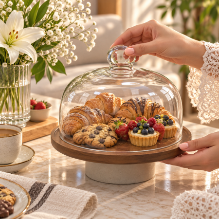 مضيفة كيك خشب بغطاء زجاج – D159-13 | قياس 22 سم