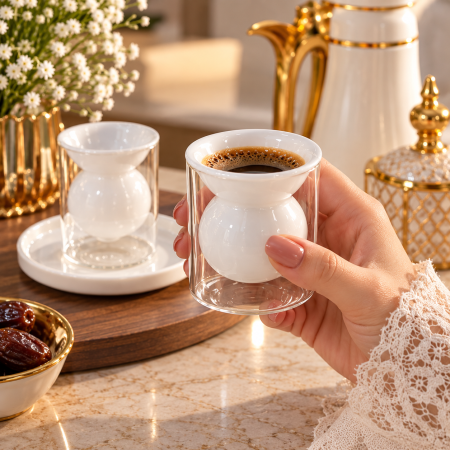 طقم شاي و فناجين قهوة زجاج وأبيض – 18 قطعة
