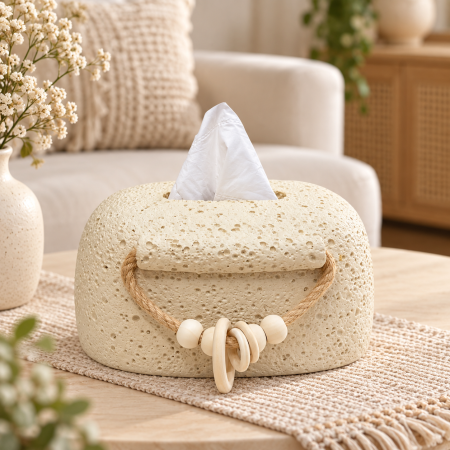 علبة محارم ديكور حجر بيج بحبل وخرز خشبي – D158-21