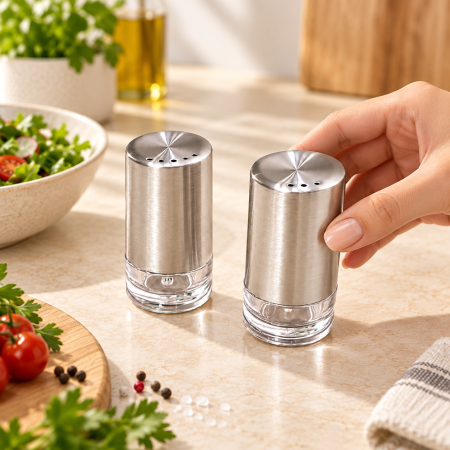 طقم مملحة وبهارات زجاج مع ستانلس – قطعتان D166-10