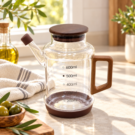 إبريق زيت زجاجي بغطاء ويد خشبية – 600 مل D163-9