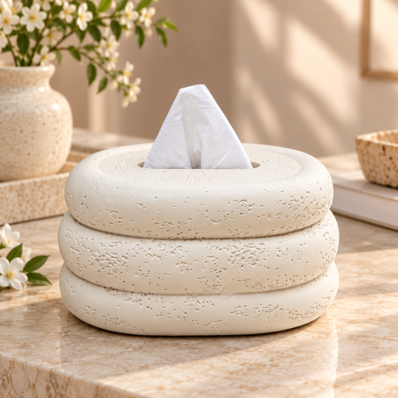 علبة محارم ديكور حجر أبيض محفّر – D158-10