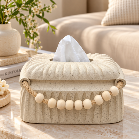 علبة محارم ديكور حجر مع حبل وخرز خشبي – D158-15