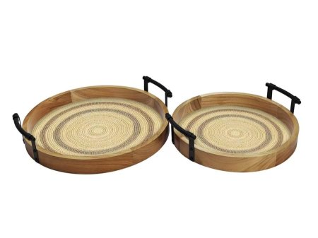 طقم صينيتين دائريتين من الخشب الطبيعي – تصميم نسجي*