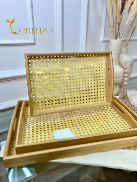 صواني خشبية بقاعدة قش 3 قطع