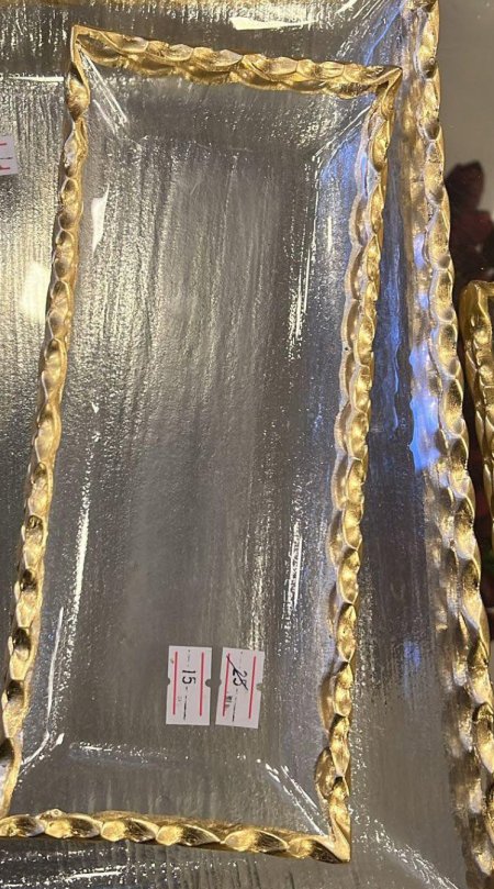 صحن ضيافه زجاج اطار دهبي مستطيل