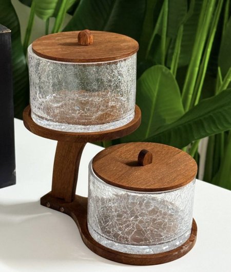 مضيفة طبقتين زجاج مكسر قاعدة خشب بامبو