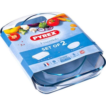 طقم صواني بايركس زجاجية – قطعتين  Essentials Set of 2 Glass Roasters (مستطيل 2.6 لتر + بيضاوي 2 لتر) Pyrex Glass – Brand
