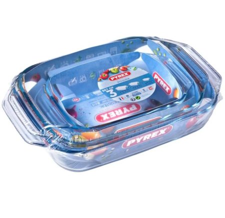 طقم صواني تحميص بايركس زجاجية – 3 قطع  Irresistible Set of 3 Rectangular Roasters Pyrex Glass – Brand
