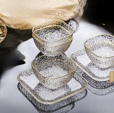 طقم زبادي مكسرات 6+6 صحون كعك اطار ذهبي