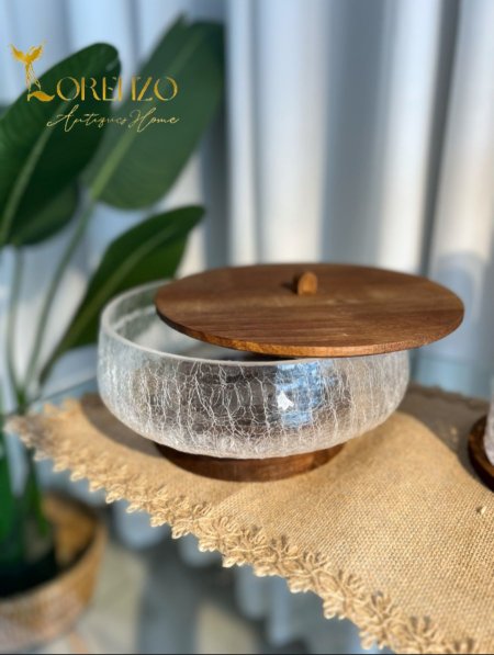 مضيفة / جاط زجاج مُتلئلئ + خشب (قاعدة + غطاء)