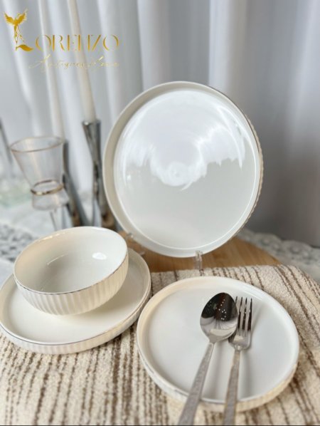 صحون سفرة لون ابيض ملوكي محزز | 24 قطعة